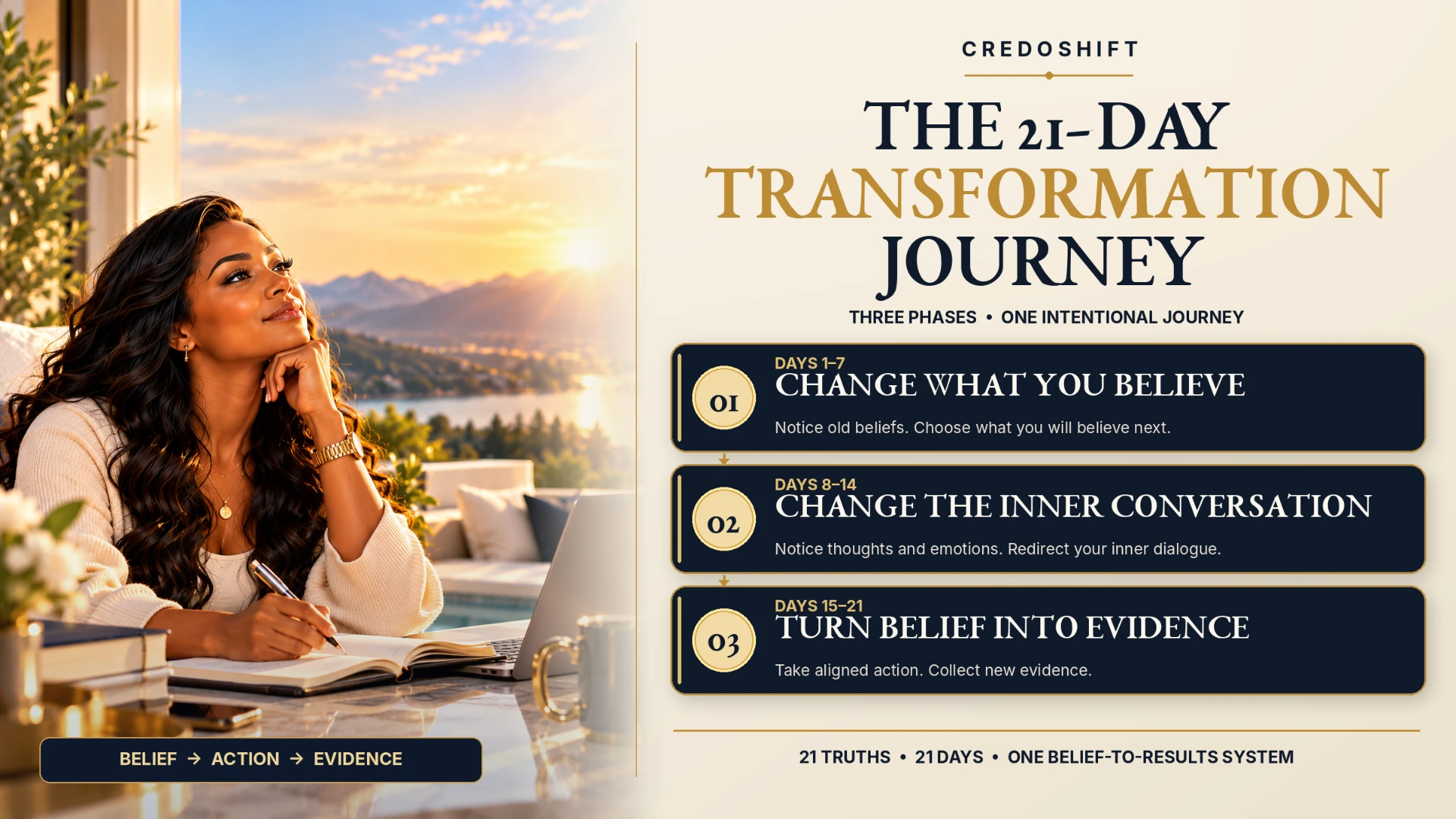 The 21-Day Transformation Journey: Days 1–7 Change What You Believe; Days 8–14 Change the Inner Conversation; Days 15–21 Turn Belief Into Evidence.